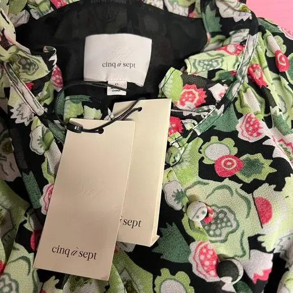 Cinq A Sept Lucille Tiered Ruffle Floral Midi Dress Abstract Green Prairie 0 NWT - Picture 6 of 15